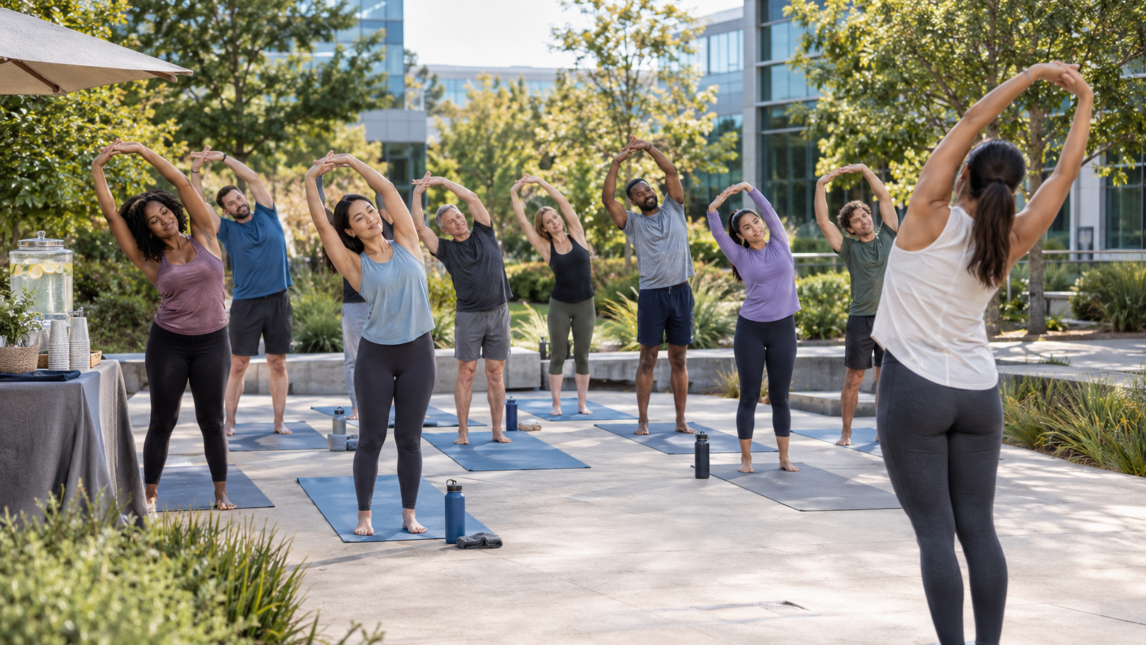 Coworkers stretching on yoga mats in a campus courtyard