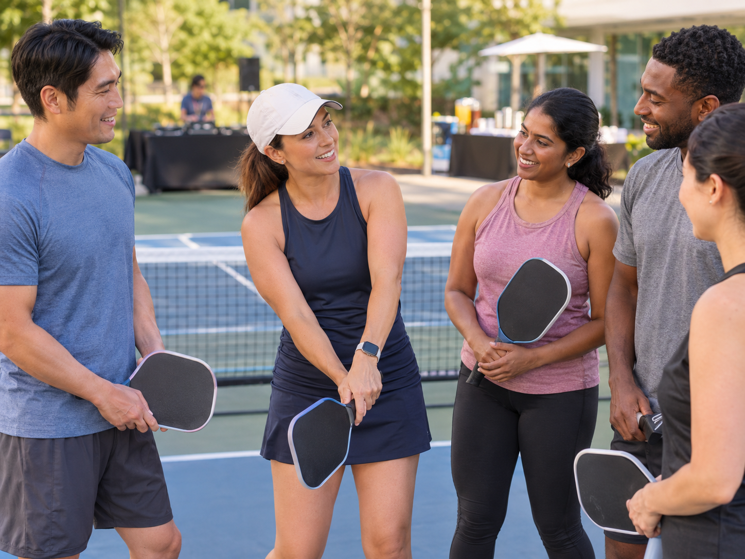 Coworkers learning pickleball from a coach on campus courts
